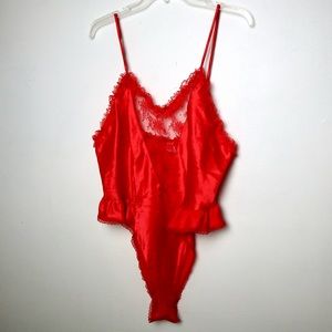 Vintage 80s Bright Red Satin & Lace High Leg Teddy / Bodysuit by Delicates